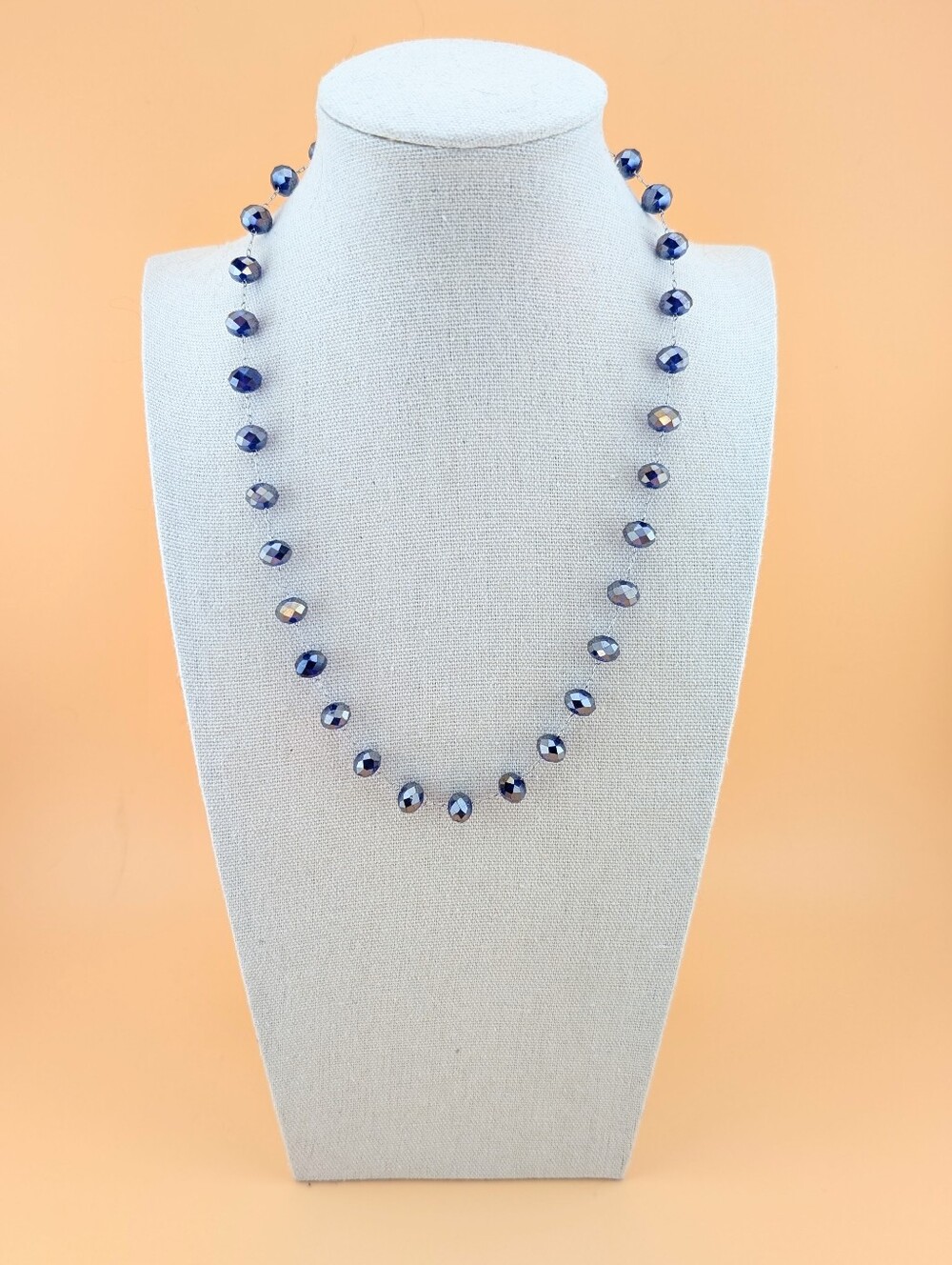 NWT Navy Blue Crystal Aurora Borealis AB Station Bead Faceted Necklace